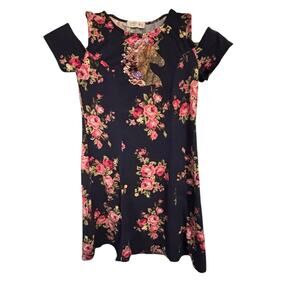 Beautees Unicorn Kids Dress-Navy and Pink Sequins Cold Shoulder Sz 10 Girls